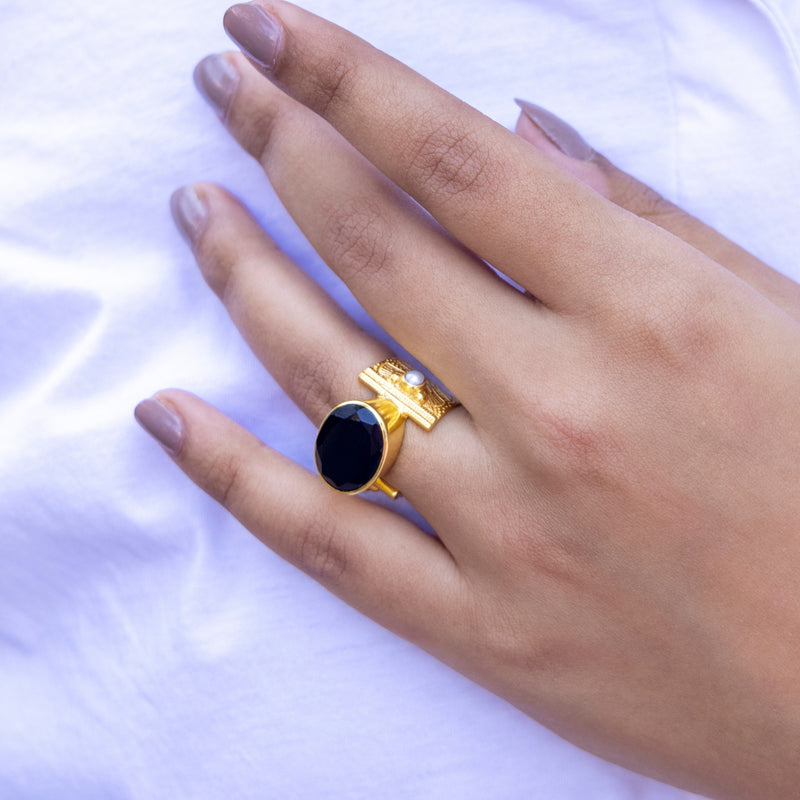 Bold Brass Gold-Plated Ring with Black Stone – Statement Elegance