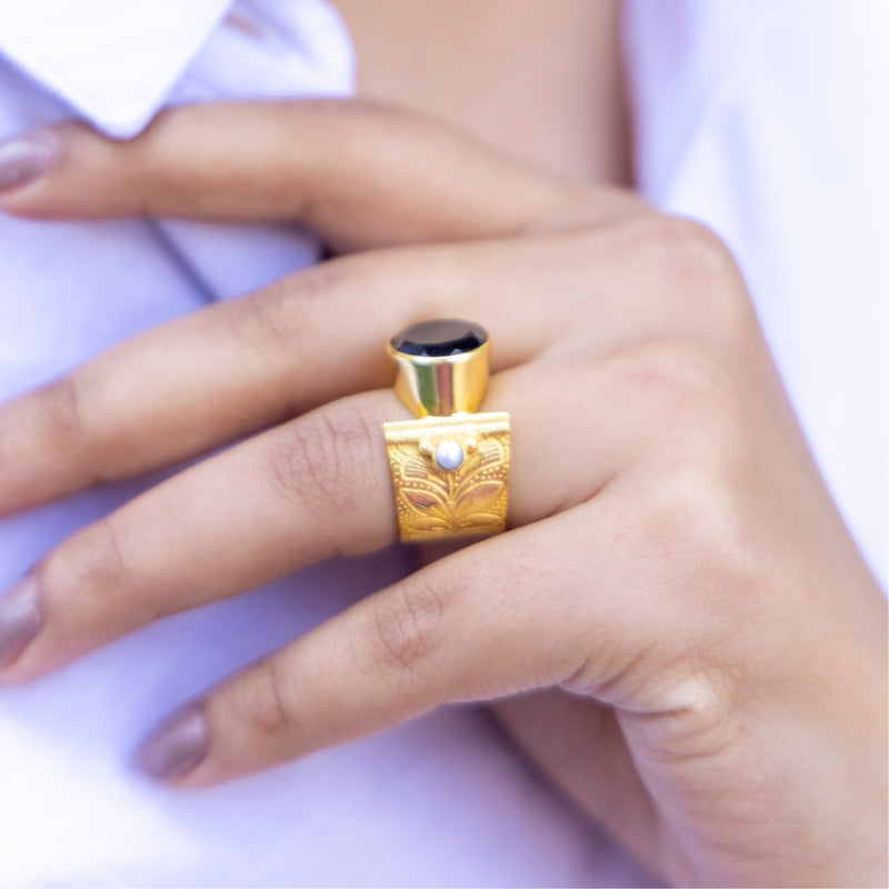 Bold Brass Gold-Plated Ring with Black Stone – Statement Elegance