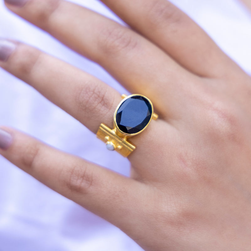 Bold Brass Gold-Plated Ring with Black Stone – Statement Elegance