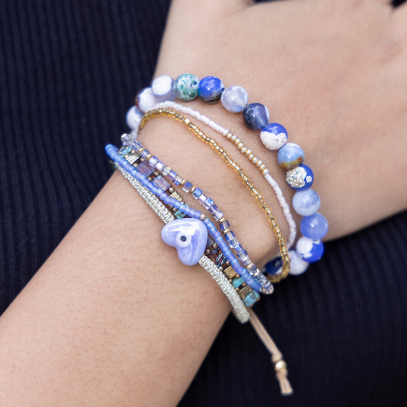 Blue Agate Stone & Japanese Glass Bead Bracelet Set – Handmade Boho Stack